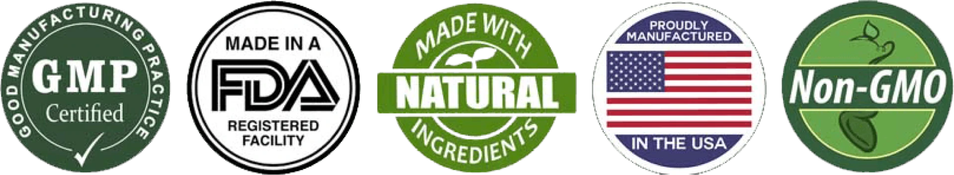 GMP certified, FDA registered facility, natural ingredients, made in USA, non-GMO badges