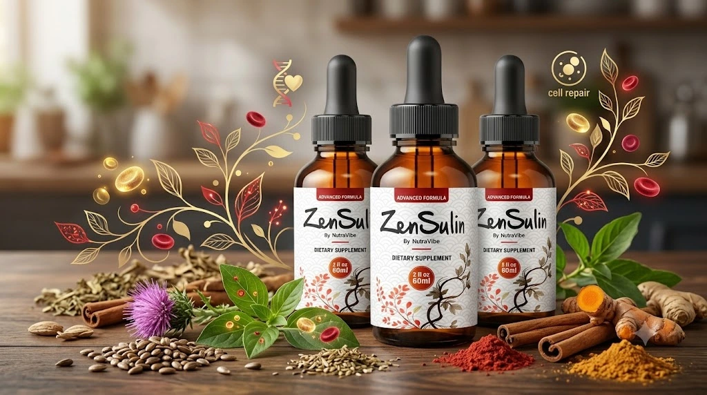 ZenSulin bottles surrounded by botanical ingredients and spices