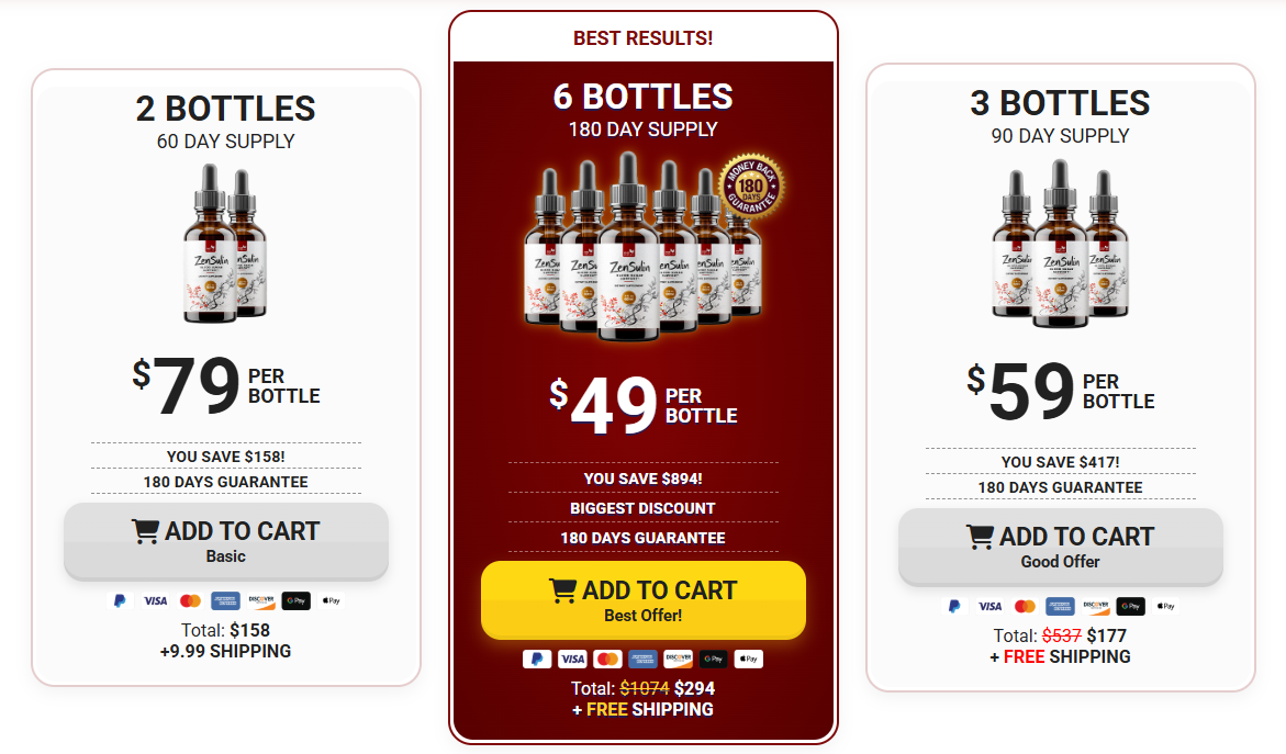 ZenSulin package options: 2 bottles, 6 bottles best value, and 3 bottles